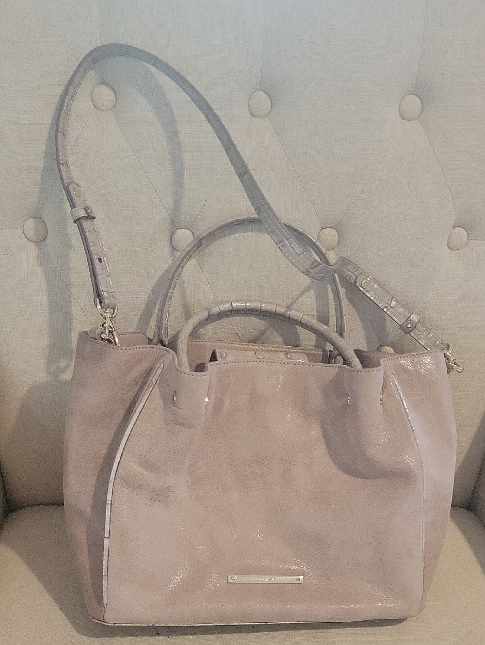 Brahmin handbag Mallory Warm Gray Tan Reynolds Glove Soft Leather Satchel